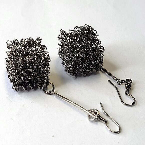 Black Cube Drop Dangle Earrings - Picture 4 of 14